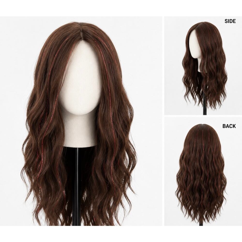 Medium Brown Wavy Wig with Red Tinsel Highlights – Heat Friendly Synthetic Wig